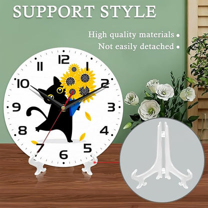 Wall Clocks,Black Cat Wall Clock Decorative,Sunflower Kitchen Wall Clock Battery Operated-10 Inch Round Bathroom Clocks Silent Non-Ticking