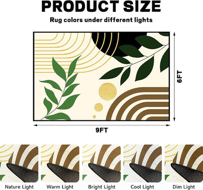 Modern Abstract Rug Geometric Area Rug Boho Green Leaf Floor Mat Soft Washable Carpet for Bedroom Living Room Kitchen Nursery Playroom Home Decor 6'x9'