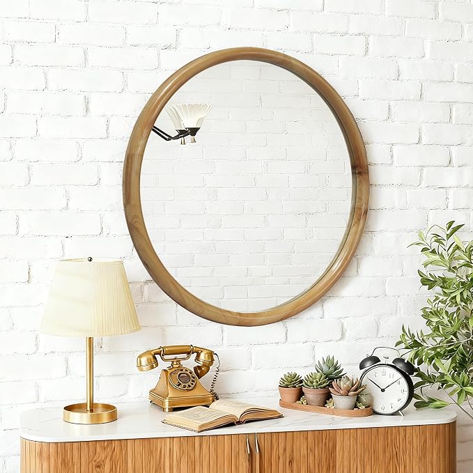 31.5" Round Wood Framed Wall Mirror For Bathroom Vanity Mid-Century Modern Decorative Mirrors Natural Wooden Circle Mirror For Living Room Bedroom Hallway Entryway Wall Mounted Modern Farmhouse Decor