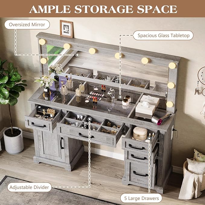 55'' Farmhouse Vanity Desk with Mirror and Lights, Large Makeup Table with Charging Station, Glass Tabletop & 5 Drawers, Rustic Dressing Table for Bedroom, Light Grey