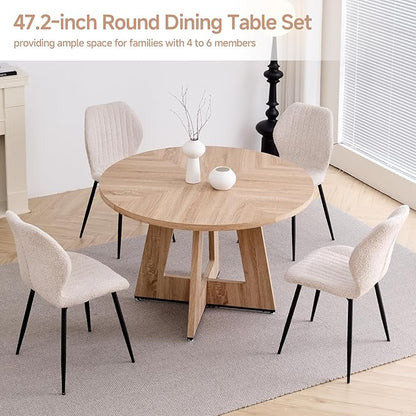 47" Round Dining Table Set for 4 with Chairs Kitchen Table and Chairs Set Mid-Century Modern Chair with Metal Leg for Apartment Living Room(Natural Table with 4 Beige Chairs)
