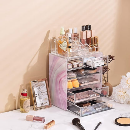 Sorbus Clear Cosmetic Makeup Organizer - Make Up & Jewelry Storage, Case & Display - Spacious Design - Great for Dresser, Bathroom, Vanity & Countertop (4 Large, 2 Small Drawers) [Tie Dye Print]