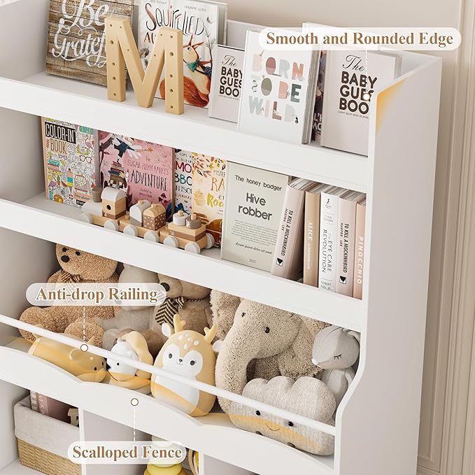 HITHOS 55.3" H Kids Bookshelf with Toy Storage Organizer, Tall Book Shelf with 3 Movable Toy Storage Bins, Large Kids Bookcase with Toy Chest, 39.2" W Modern Toy Box for Kid Room, Playroom, White