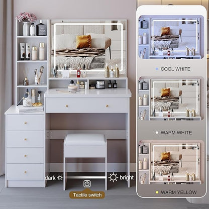 41" Vanity Desk with Mirror and Lights, Makeup Table with Led Mirror, 3 Lighting Colors, Vanity Set with Drawers and Stool for Bedroom, White