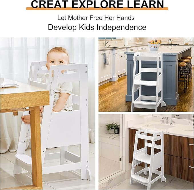 TOETOL Bamboo Toddler Kitchen Step Stool White Helper Standing Tower Height Adjustable with Anti-Slip Protection for Kids Kitchen Counter Learning