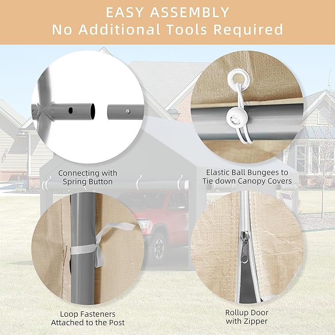 JY QAQA Carport, 12x20 FT Heavy Duty Carport Reinforced Steel Poles with Removable Sidewalls & Doors,Roll-up Windows Car Canopy with Sandbags and All-Season Tarp for Car Boat Truck Motorcycle,Khaki