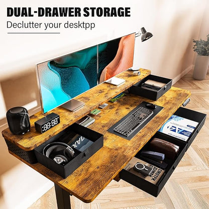 Electric Standing Desk with 4 Drawers 55''x 24'' Adjustable Height Sit to Stand Up Desk with Storage Shelf, C-Clamp Mount Compatible Black Home Office Desks Computer Gaming Table Ergonomic Workstation
