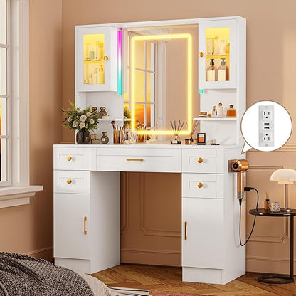 KAMABOKO Vanity Desk with Mirror & RGB Lights & Power Outlet, Large Makeup Vanity Table with 5 Drawers and 4 Storage Cabinets, Dressing Table for Bedroom Dressing Room (White)