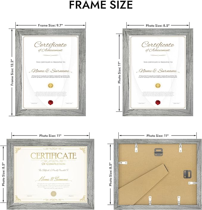 8.5 by 11 Diploma Picture Frame, Made of Real Glass and Wooden Certificate Frame, Horizontal and Vertical Display for Wall or Tabletop (Grey, 1Pack)