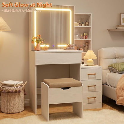 Senfot White Vanity Desk with Sliding Mirror and Lights, Modern Makeup Vanity Table with 4 Drawers and 7 Storage Shelves, Dressing Table with Stool and Charging Station, 3 Lighting Modes, for Bedroom