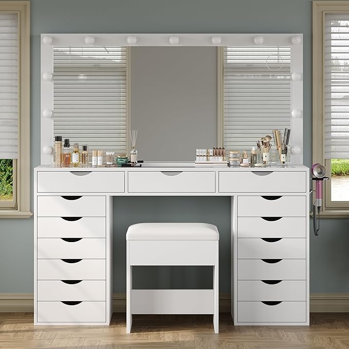 15 Drawers Vanity Desk with Power Outlet, Makeup Table with Mirror and 13 LED Lights, 3 Color Lighting Modes, Brightness Adjustable, Glass Top Dressing Table, Vanity Set for Bedroom (White)
