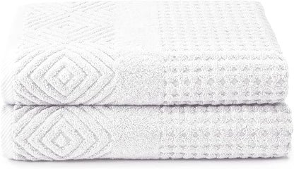 Texere 100% Organic Cotton Diamond Jacquard 700 GSM Luxury Bath Towel Sets - Ultra Soft and Absorbent Hotel and Spa Quality (Diamond, Bright White, 2 Bath Towels)