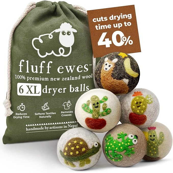 Fluff Ewes Wool Dryer Balls 6 Pack Premium New Zealand Wool Laundry Balls for Dryer, No Static Dryer Balls Laundry Reusable, XL Wool Dryer Balls Cute, Baby Dryer Balls for Dryers - Kiss My Cactus