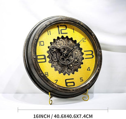 16 inch Large Gear Clock with Real Moving Gears, Steampunk Gold Wall Clock, Suitable for Living Rooms, Offices, Factories, Bedrooms, and Cabins (Gold, 16 inches)