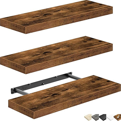 QEEIG Floating Shelves for Wall Bathroom Shelf Bedroom Kitchen Living Room Hanging Book Shelves Small Farmhouse Decor 16 inch Set of 3, Rustic Brown (015-BN3)
