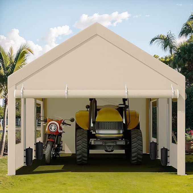 JY QAQA Carport, 12x20 FT Heavy Duty Carport Reinforced Steel Poles with Removable Sidewalls & Doors,Roll-up Windows Car Canopy with Sandbags and All-Season Tarp for Car Boat Truck Motorcycle,Khaki