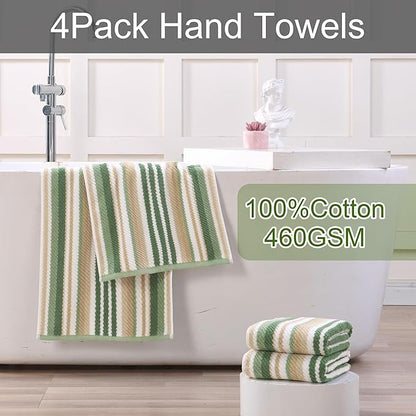 Green Hand Towels Set of 4, 16"x27" - 100% Cotton | Quick Dry | Soft | Absorbent | Lightweight, Striped Hand Towels for Bathroom & Guest, Luxury Towel Set for Showering, Sage and Beige Stripes