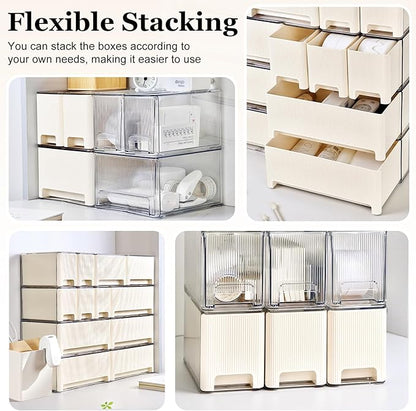 Stackable Makeup Organizer, 3 Pack Plastic Drawer Storage with Handle for Vanity Bathroom Countertop, Cream