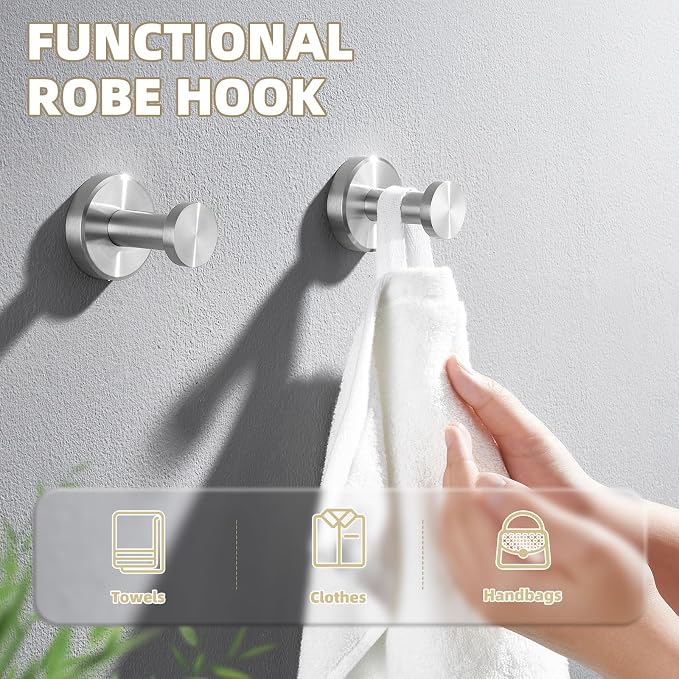 APLusee Brushed Nickel Bathroom Towel Hooks, 304 Stainless Steel Coat Hook 2 Pack, Heavy Duty Towel Hanger for Bathroom, Wall Mounted