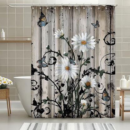 Rustic Grey Floral Shower Curtain Butterfly Flowers Shower Curtains for Bathroom Waterproof Fabric Bath Curtain Decor with Hooks