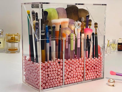 Acrylic Makeup Organizer ,clear Cosmetic brush storage box with 3 Brush Holders ,Makeup brush holderwith dust cover, Largecapacity split design can quickly organize the desktop ( with Free