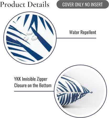 Hofdeco Premium Coastal Hampton Style Patio Indoor Outdoor Pillow Cover Only, 20"x20" Water Resistant for Backyard, Couch, Navy Blue Palm Leaf