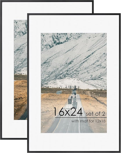 16x24 Frame | 16x24 Poster Frame With Mat For 12x18 | Metal Aluminum Picture Frame With Tempered Glass | Minimalist Modern Poster Frame | Hanging Hardware Included | Set of 2, Black