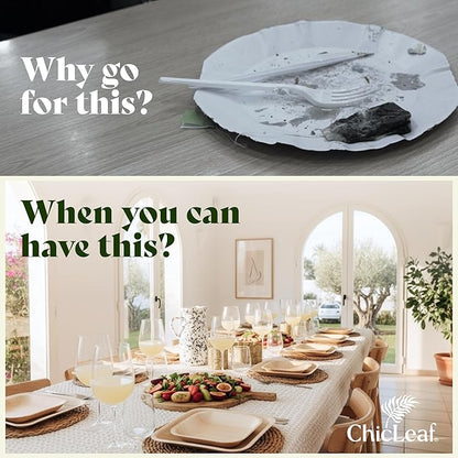 Chic Leaf Square Palm Leaf Tableware - 10" & 7", Pack of 24 - Durable Bamboo Disposable Dinnerware - Eco-Friendly Compostable Plates - Versatile Party & Appetizer Plates