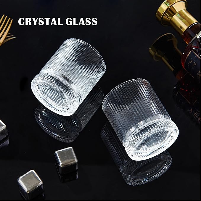 Crystal Old Fashioned Whiskey Glasses Set of 12, 12 Oz Ribbed Bourbon Glass, Ultra-Clarity Double Base Liquor Vodka rocks Cocktail Scotch Tumbler Bar Glasses Set