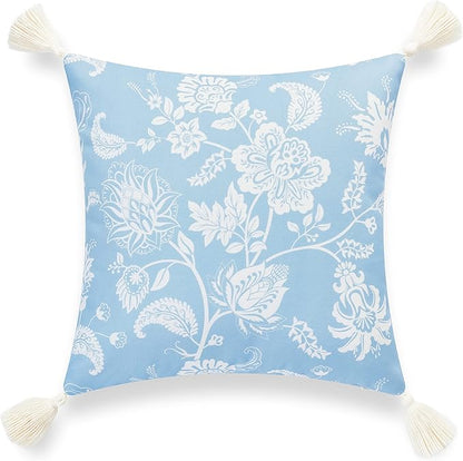 Hofdeco Premium Coastal Hampton Style Patio Indoor Outdoor Throw Pillow Cover Only, 18"x18" Water Resistant for Backyard, Couch, Baby Blue Floral Tassel