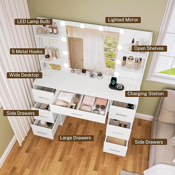 Large Makeup Vanity, 42.1" Vanity Desk with Mirror and Lights, Makeup Vanity Table with 7 Drawers, 4 Shelves, 5 Jewel Hooks & Power Strip, Vanity Desk Set for Bedroom, White