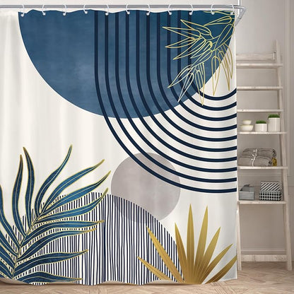 KOMLLEX Mid Century Boho Shower Curtain for Bathroom Decor 72Wx78H Inches Navy Blue Gray Abstract Modern Minimalist Arch Leaves Geometric Neutral Fabric Waterproof Polyester 12 Pack Hooks Pack Hooks