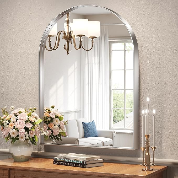 Brightify Arched Mirror, Arched Wall Mirror, 32 x 40 Inch Silver Arch Mirror, Metal Frame Silver Bathroom Mirror, Arched Top Bathroom Vanity Mirror for Living Room Bedroom Mantel Entryway Hallways