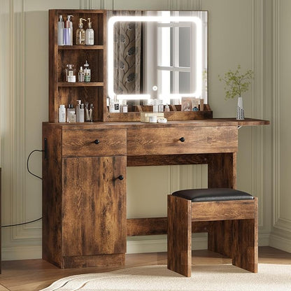 GarveeHome Makeup Vanity Desk with Mirror and Lights, Vanity Table Set with Drawer & Power Outlet ＆ Chair & 3 Shelves, Bedroom, Brown