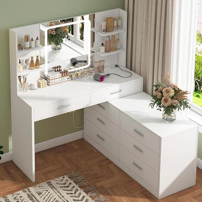 Vanity Makeup Desk with LED Light Mirror & Power Outlet, 8 Drawers, 6 Storage Shelves, 3 Color Modes & Adjustable Brightness Dressing Table, Corner Vanity, L Shape Change, 39.4”Desk, White