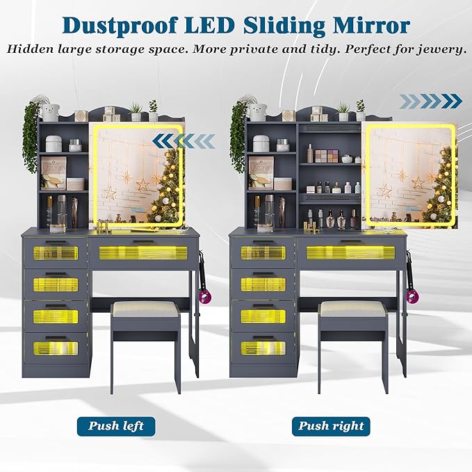 Vanity Desk with Lights and Sliding Mirror, Makeup Vanity Desk with Charging Station, Vanitys Dressing Table with Stool,LED Vanity Set with Large Drawers&Shelves for Bedroom, Decor, Grey