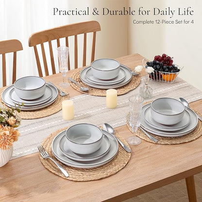 E-far Stoneware Dinnerware Sets for 4, 12 Pieces Reactive Glaze Plates and Bowls Sets, Elegant Dishes with Rustic Terracotta Base, Dishwasher & Microwave Safe, Scratch Resistant, Glacier White