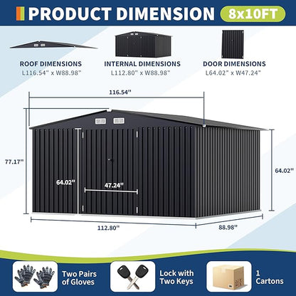 8x10 FT Metal Storage Sheds Outdoor with Floor, Metal Yard Sheds Garden Shed Kit, MetalTool Shed with Lockable Door, Metals UtilitySheds Buildings with Air Vent for Backyard Garden Patio Lawn