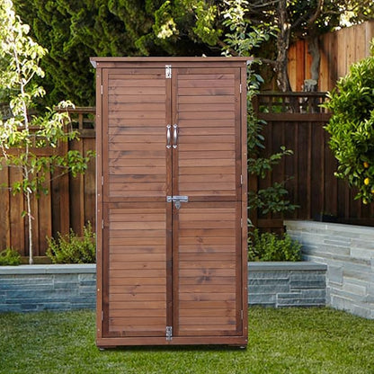 Outdoor Storage Cabinet, Wood Garden Shed, Pool Storage Shed with Lockable Door, Waterproof Roof and 2 Removable Shelves, Vertical Outside Storage Shed for Patio, Backyard, Carbonized Black
