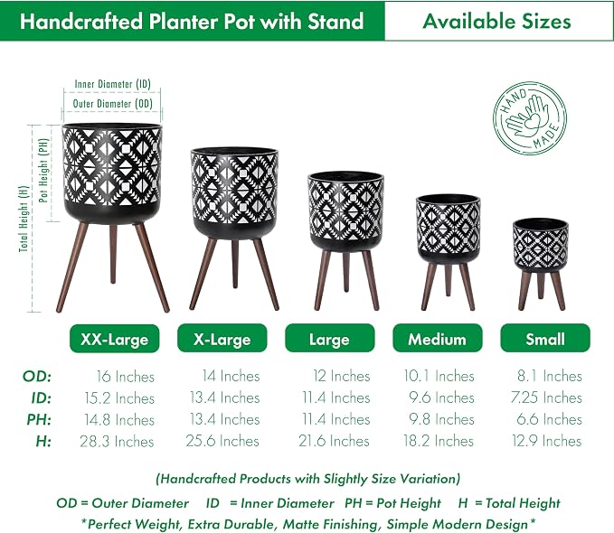 D'vine Dev 12 Inch Planter Pot with Stand, Mid-Century Tall Plant Pot with Legs for Indoor Plants, White/Black, 88-G-C-4