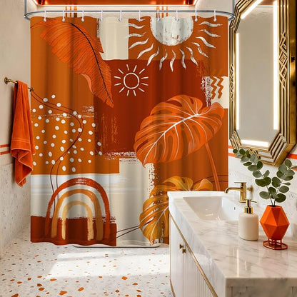 Small Stall Narrow Shower Curtain Burnt Orange Stand Up Mid Century Modern Leaf Shower Curtains for Rv Camper Bathroom Decor Sets, Waterproof Cloth Fabric with Hooks, 48 x 72 Inch