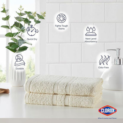 CLOROX Bleach Friendly Towels, Quick Dry, 100% Cotton Hand Towels (16" x 26"), Highly Absorbent Soft Lightweight, Ideal for Everyday Use, Easy to Wash (2 Pack, Ivory)