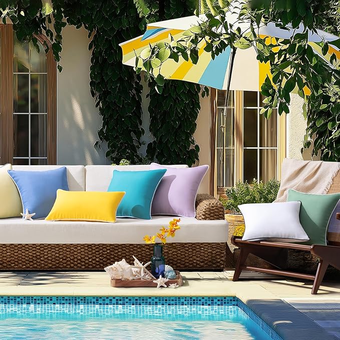 Phantoscope Pack of 2 Outdoor Waterproof Throw Pillow Covers Decorative Square Cushion Case Patio Pillows for Couch Tent Sunbrella, Foggy Blue 12x20 inches