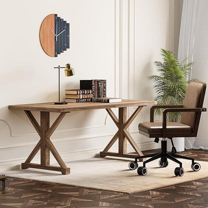 homary 59.1" Rustic Solid Wood Desk, Home Office Desk with Trestle Base, Executive Writing Table for Home Office, Study Room or Dining Space, Natural Finish