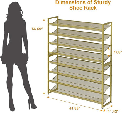 NEYCIL Large Shoe Rack 8 Tier Shoe Organizer, Heavy Duty Metal 4-Tier Stackable Shoe Storage Vertical Shoe Rack for Closet Front Door Entrance, Up to 50 Pairs, 44.8" W x 11.4" D x 56.7" H, Gold