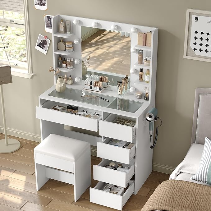 Vanity Desk with Mirror and Lights, 37" Makeup Vanity Desk with Lights 3 Colors, Glass Top Vanity with 5 RGB Drawers, 6 Shelves, Power Outlet, Chair, Dressing Table for Bedroom, White
