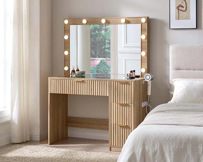 AMERLIFE 36.2" Fluted Vanity Desk with Large Mirror and Adjustable LED Lights, 4 Drawers Makeup Table with Glass Top and Charging Station for Women and Girls, Bedroom or Dorm, Oak