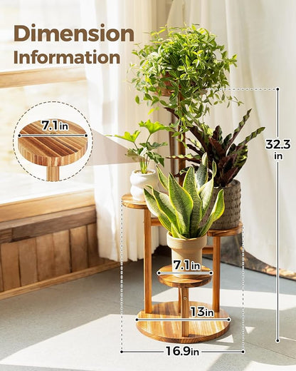 Bamworld Plant Stand Indoor Plant Shelf 4 Tier Wood Plant Stand for Multiple Plants, Tall Corner Plant Stands for Outdoor Round Flower Stand Plant Holder for Living Room Patio Garden Balcony