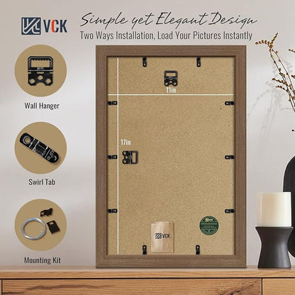 VCK 11x17 Brown Picture Frames 3 Pack, High-End Wood Wide Border Poster Frame, Multi-Directional Display Family Photos, Office Prints, Studio/Gallery/Home Artwork
