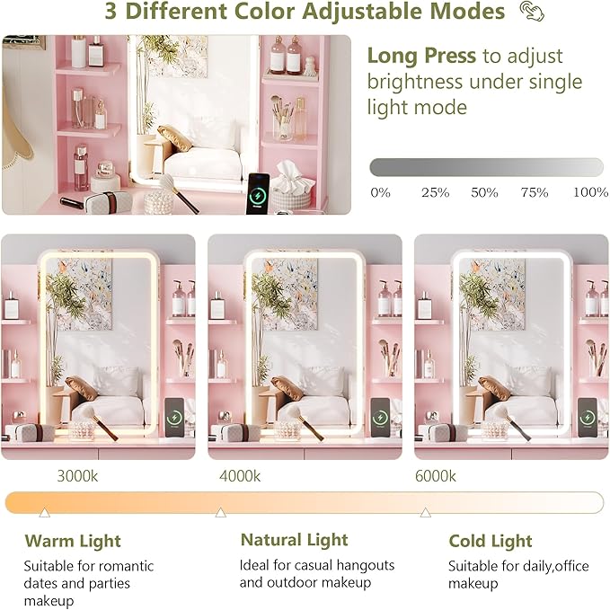 Small Vanity Desk with Mirror and Lights, Makeup Vanity with LED Lights, Pink Vanity Mirror with Lighted Desk and Chair, 3 Lighting Adjustable Compact Dressing Table with Mirror for Women, Girls